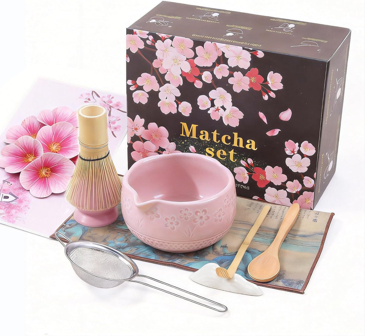 9 Pcs Matcha Set,Matcha Whisk Set,Matcha Kit,Complete Matcha Kit with Matcha Bowl,Whisk & Holder, Spoon/Scoop & Rester,Sifter & Tea Towel,Gifts for Women with Greeting Card (Cherry Blossom)