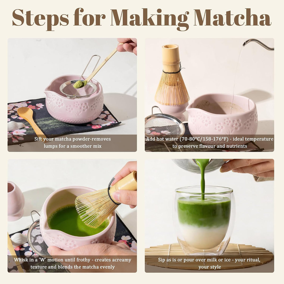 9 Pcs Matcha Set,Matcha Whisk Set,Matcha Kit,Complete Matcha Kit with Matcha Bowl,Whisk & Holder, Spoon/Scoop & Rester,Sifter & Tea Towel,Gifts for Women with Greeting Card (Cherry Blossom)