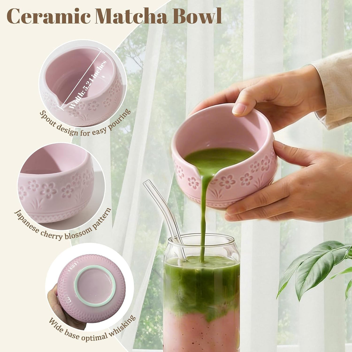 9 Pcs Matcha Set,Matcha Whisk Set,Matcha Kit,Complete Matcha Kit with Matcha Bowl,Whisk & Holder, Spoon/Scoop & Rester,Sifter & Tea Towel,Gifts for Women with Greeting Card (Cherry Blossom)