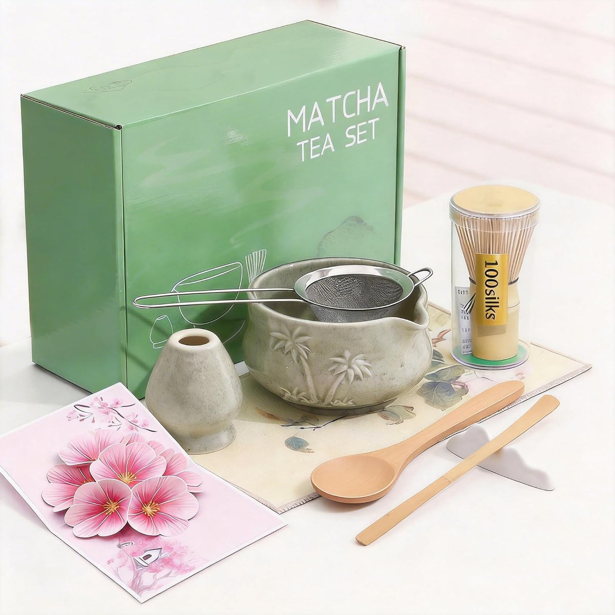 9 Pcs Matcha Set,Matcha Whisk Set,Matcha Kit,Complete Matcha Kit with Matcha Bowl,Whisk & Holder, Spoon/Scoop & Rester,Sifter & Tea Towel,Gifts for Women with Greeting Card (Cherry Blossom)