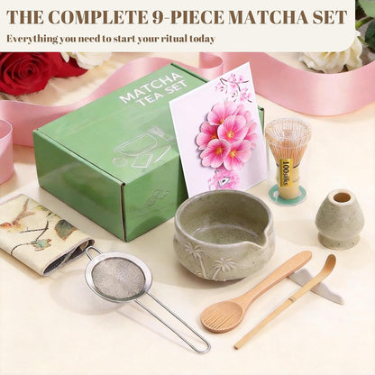 9 Pcs Matcha Set,Matcha Whisk Set,Matcha Kit,Complete Matcha Kit with Matcha Bowl,Whisk & Holder, Spoon/Scoop & Rester,Sifter & Tea Towel,Gifts for Women with Greeting Card (Cherry Blossom)