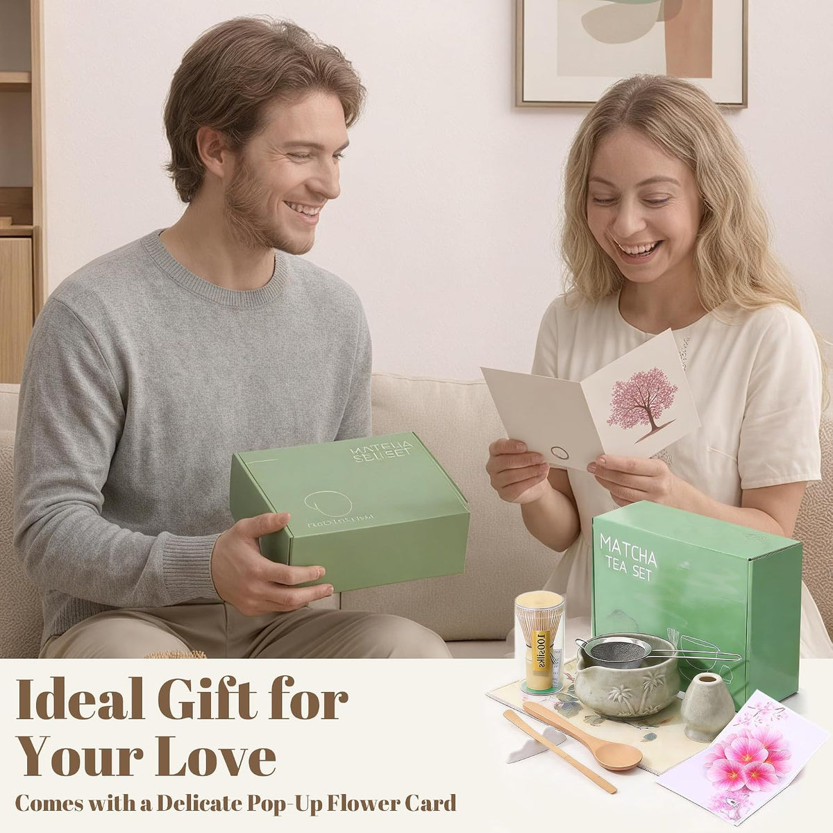 9 Pcs Matcha Set,Matcha Whisk Set,Matcha Kit,Complete Matcha Kit with Matcha Bowl,Whisk & Holder, Spoon/Scoop & Rester,Sifter & Tea Towel,Gifts for Women with Greeting Card (Cherry Blossom)