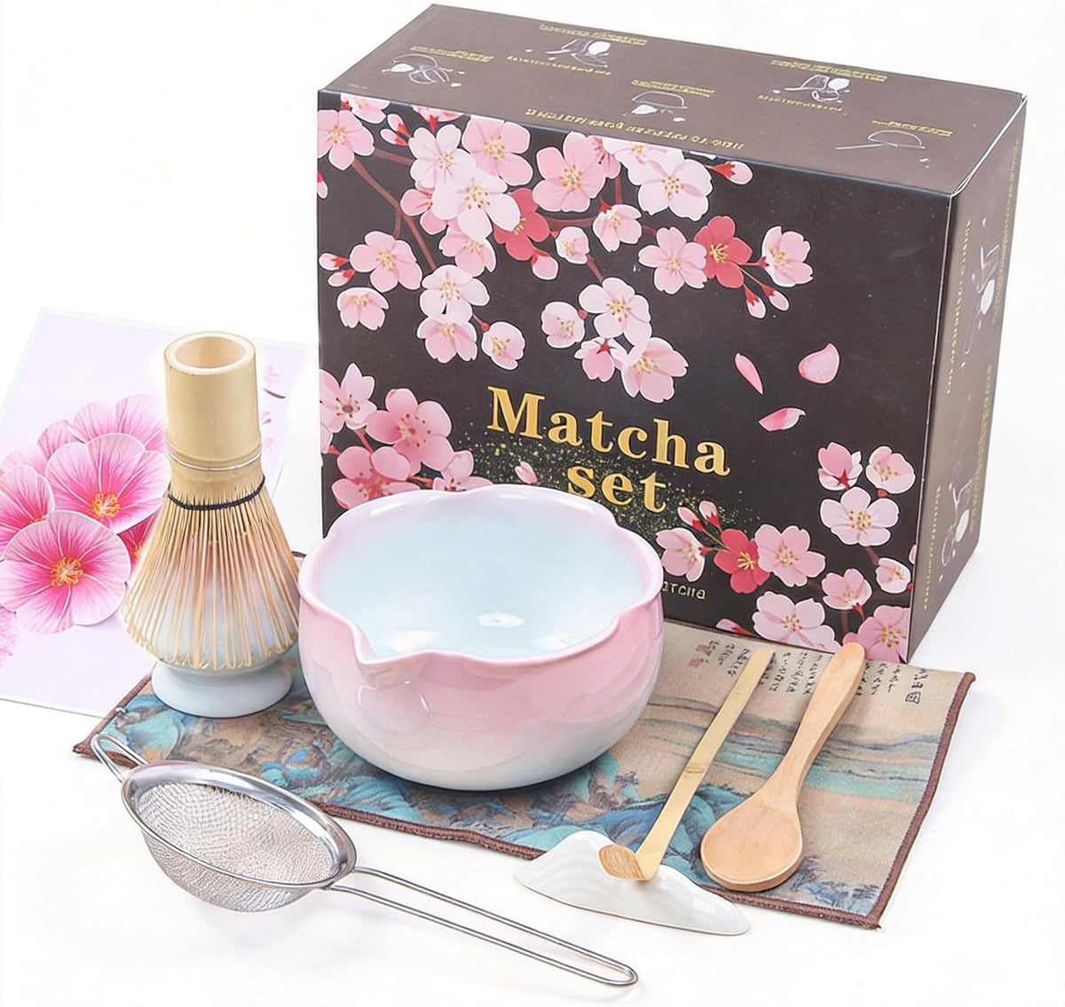 9 Pcs Matcha Set,Matcha Whisk Set,Matcha Kit,Complete Matcha Kit with Matcha Bowl,Whisk & Holder, Spoon/Scoop & Rester,Sifter & Tea Towel,Gifts for Women with Greeting Card (Cherry Blossom)