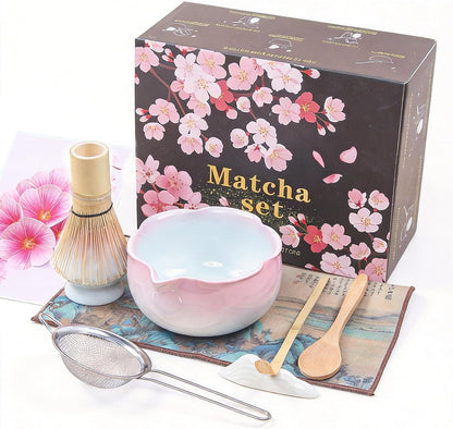 9 Pcs Matcha Set,Matcha Whisk Set,Matcha Kit,Complete Matcha Kit with Matcha Bowl,Whisk & Holder, Spoon/Scoop & Rester,Sifter & Tea Towel,Gifts for Women with Greeting Card (Cherry Blossom)