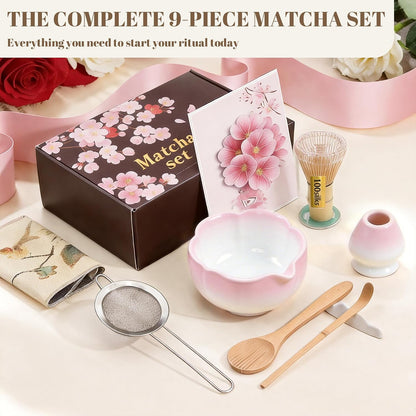 9 Pcs Matcha Set,Matcha Whisk Set,Matcha Kit,Complete Matcha Kit with Matcha Bowl,Whisk & Holder, Spoon/Scoop & Rester,Sifter & Tea Towel,Gifts for Women with Greeting Card (Cherry Blossom)