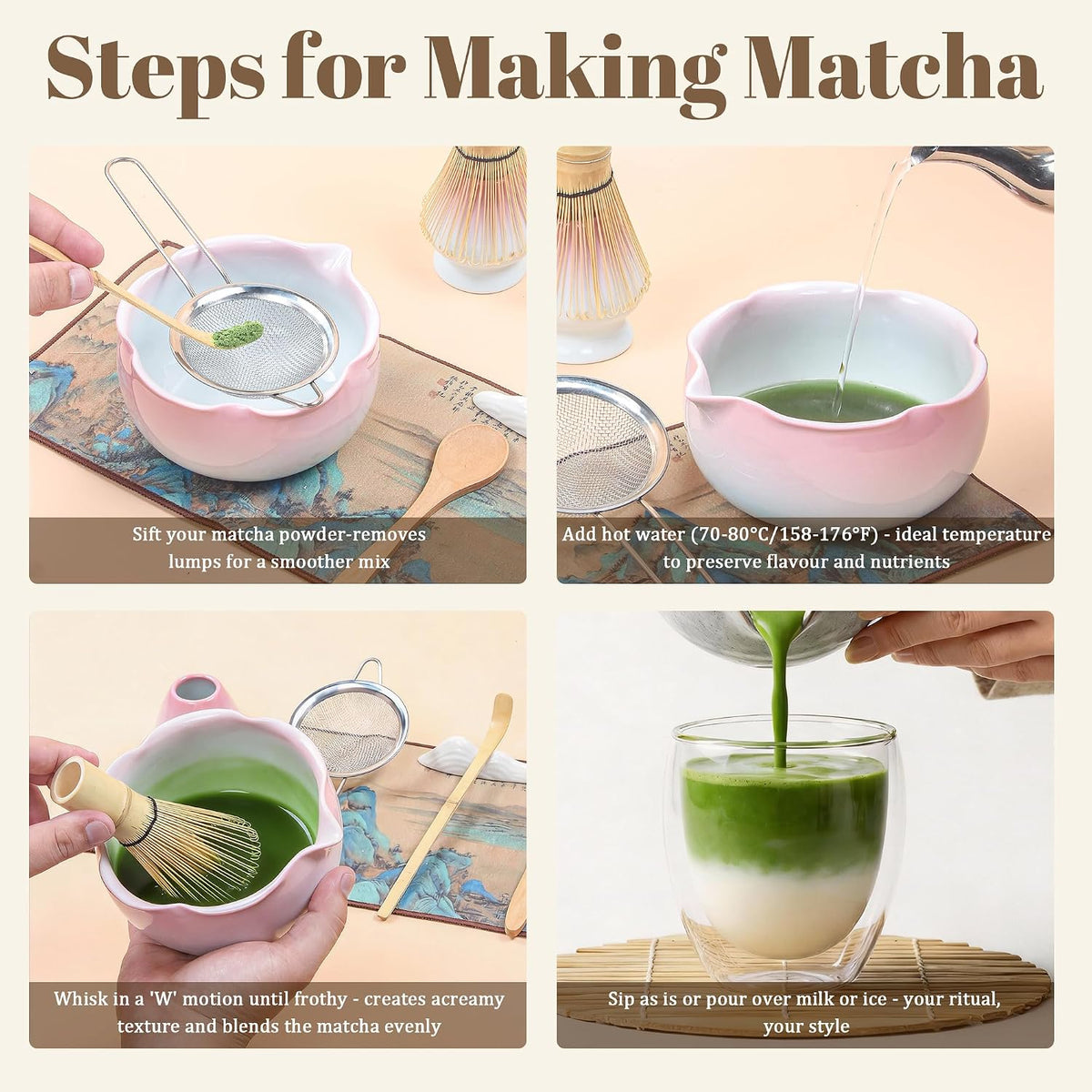9 Pcs Matcha Set,Matcha Whisk Set,Matcha Kit,Complete Matcha Kit with Matcha Bowl,Whisk & Holder, Spoon/Scoop & Rester,Sifter & Tea Towel,Gifts for Women with Greeting Card (Cherry Blossom)