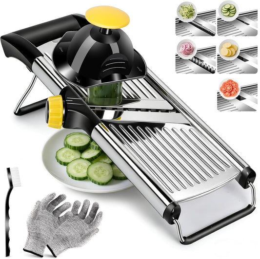 Adjustable Mandoline Food Slicer, Mandoline Slicer for Kitchen, Stainless Steel Mandolin, Fruit and Vegetable Cutter with Cut-Resistant Gloves and Cleaning Brush-Yellow
