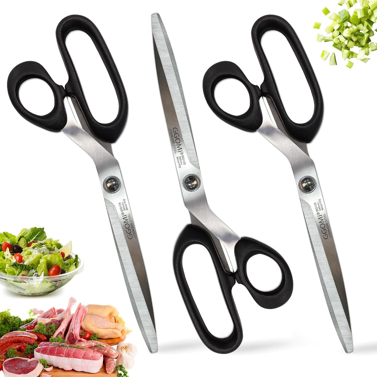 2.2T Stainless Blade Kitchen Scissors - 9.6in x 1Pack | Korean Style Sharp Heavy Duty All Purpose Kitchen Shears for Cooking Food | Barbecue Kalbi Rib Meat Cutting Dishwasher Safe (GG153, Black)