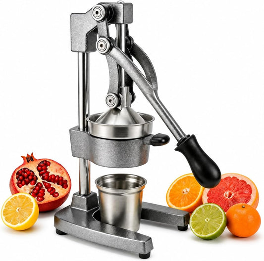 Jusfoouo Cast Iron Citrus Juicer with Stainless Steel Cup, Grey | Heavy duty manual press for oranges, lemons, limes, grapefruit, and pomegranates, with removable parts for easy cleanup.