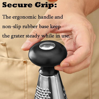 Cheese Grater, 3-Sided Stainless Steel Box Grater, 10 inch stainless steel conical planer kitchen tool, Ergonomic Rotary Grinder with Non-Slip Base Cheese, potato shreds, Ground into Minced Garlic