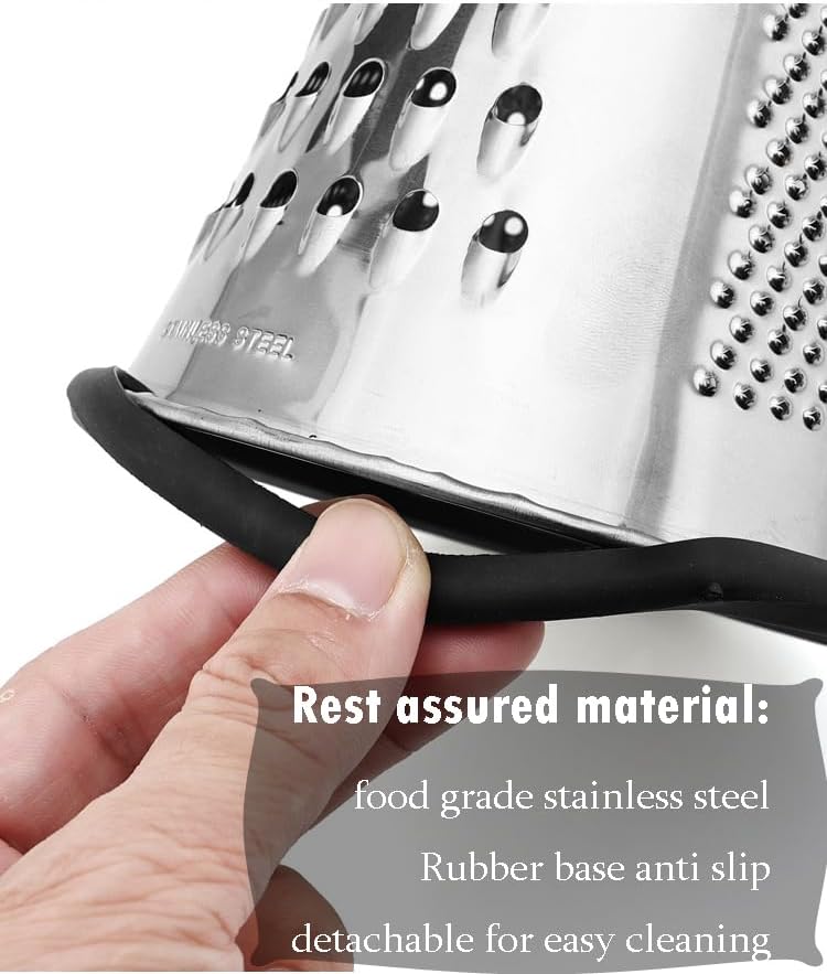 Cheese Grater, 3-Sided Stainless Steel Box Grater, 10 inch stainless steel conical planer kitchen tool, Ergonomic Rotary Grinder with Non-Slip Base Cheese, potato shreds, Ground into Minced Garlic