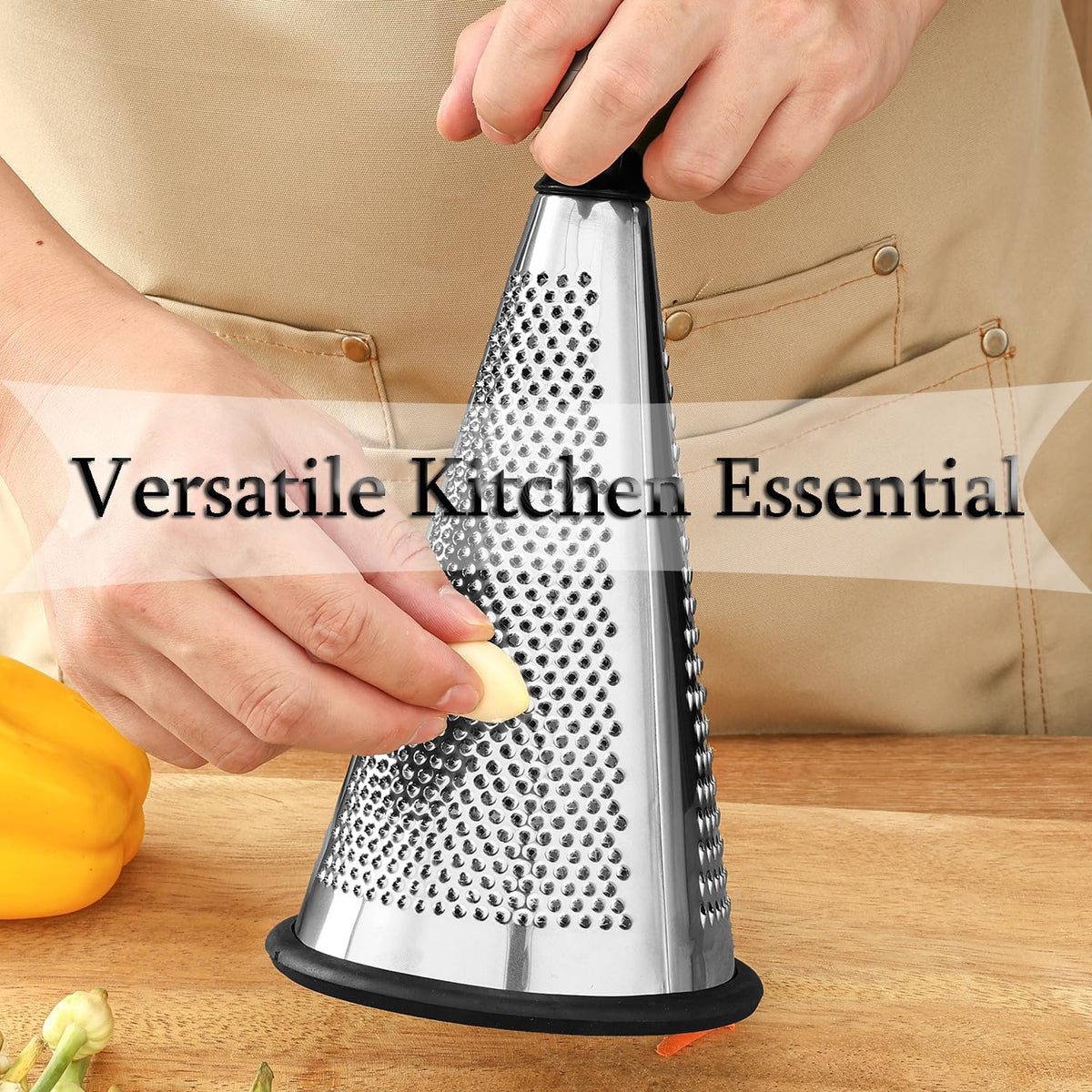 Cheese Grater, 3-Sided Stainless Steel Box Grater, 10 inch stainless steel conical planer kitchen tool, Ergonomic Rotary Grinder with Non-Slip Base Cheese, potato shreds, Ground into Minced Garlic
