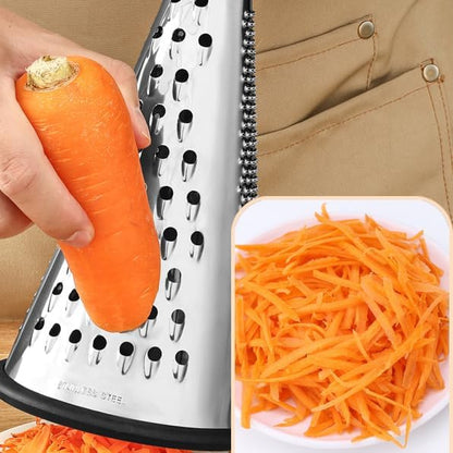 Cheese Grater, 3-Sided Stainless Steel Box Grater, 10 inch stainless steel conical planer kitchen tool, Ergonomic Rotary Grinder with Non-Slip Base Cheese, potato shreds, Ground into Minced Garlic