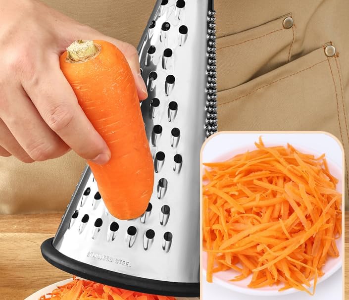 Cheese Grater, 3-Sided Stainless Steel Box Grater, 10 inch stainless steel conical planer kitchen tool, Ergonomic Rotary Grinder with Non-Slip Base Cheese, potato shreds, Ground into Minced Garlic
