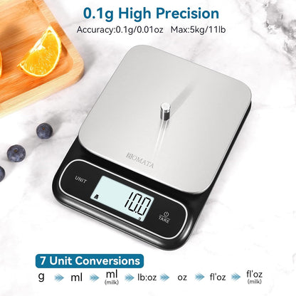 Waterproof IPX6 Kitchen Scale, 0.1 g/0.01 oz High Precision, 5 kg/11 lbs, Digital Scale with Backlight, Stainless Steel Weighing Platform, for Food, Cooking, Baking, Weight Loss.. B619, Grey