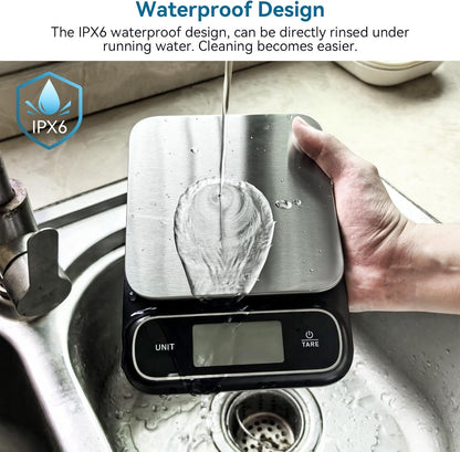 Waterproof IPX6 Kitchen Scale, 0.1 g/0.01 oz High Precision, 5 kg/11 lbs, Digital Scale with Backlight, Stainless Steel Weighing Platform, for Food, Cooking, Baking, Weight Loss.. B619, Grey