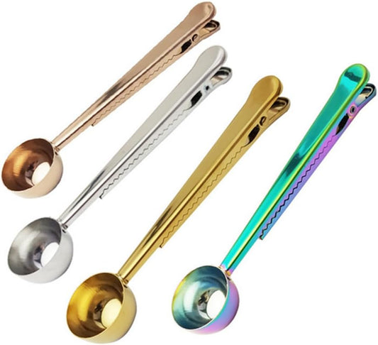 4 Pack Coffee Scoop Clip,6 3/4 inch Long Handle Coffee Measuring Spoon,15 ml Stainless Steel Scoop with Bag Clip for Coffee,Tea,Sugar,Flour,Protein Powder, Instant Drinks and More (4, Multicolor)