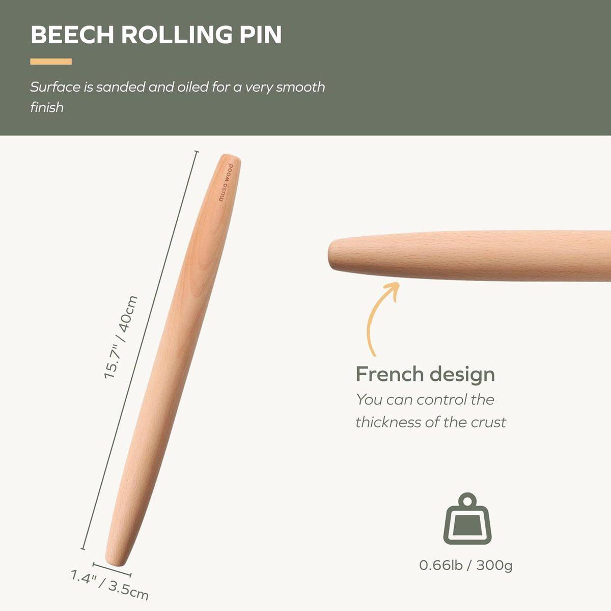 Wooden Rolling Pin for Baking, Beech Wood Tapered Rolling Pin