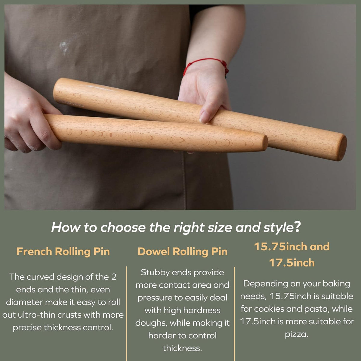 Wooden Rolling Pin for Baking, Beech Wood Tapered Rolling Pin