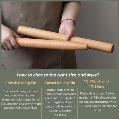 Wooden Rolling Pin for Baking, Beech Wood Tapered Rolling Pin