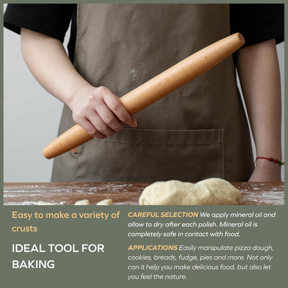 Wooden Rolling Pin for Baking, Beech Wood Tapered Rolling Pin