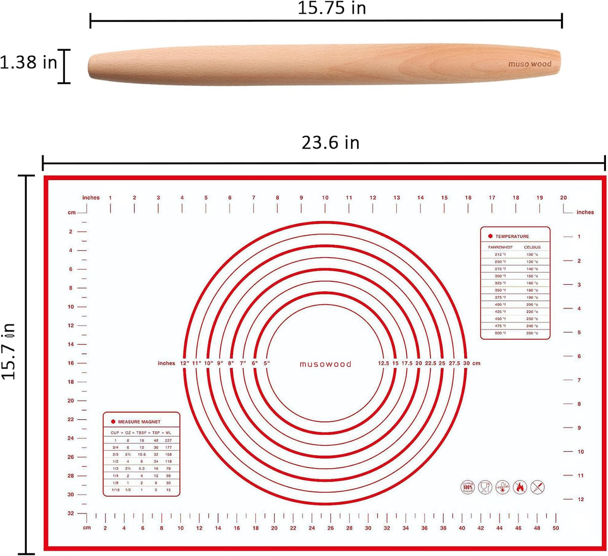 Wooden Rolling Pin for Baking, Beech Wood Tapered Rolling Pin