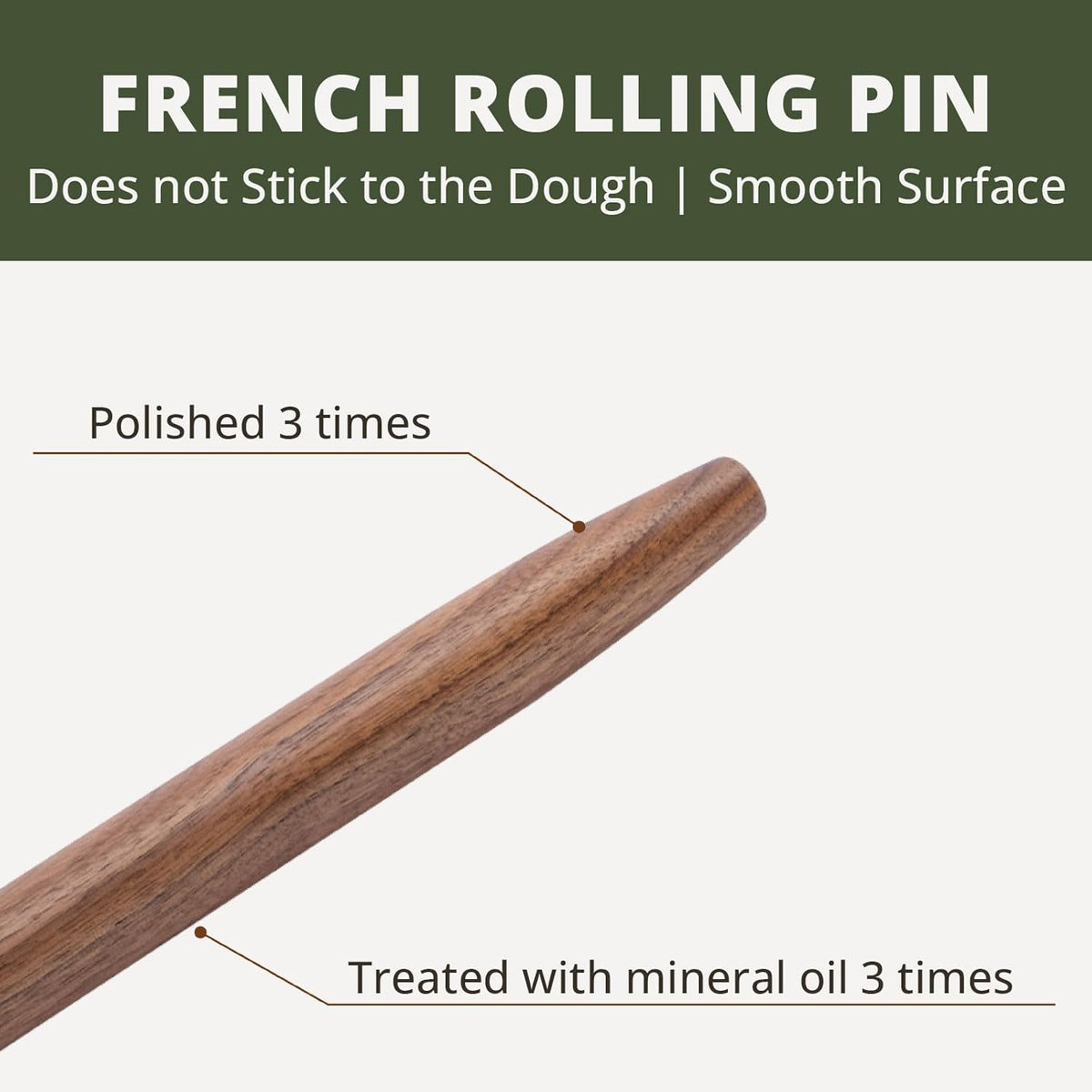 Wooden Rolling Pin for Baking, Beech Wood Tapered Rolling Pin