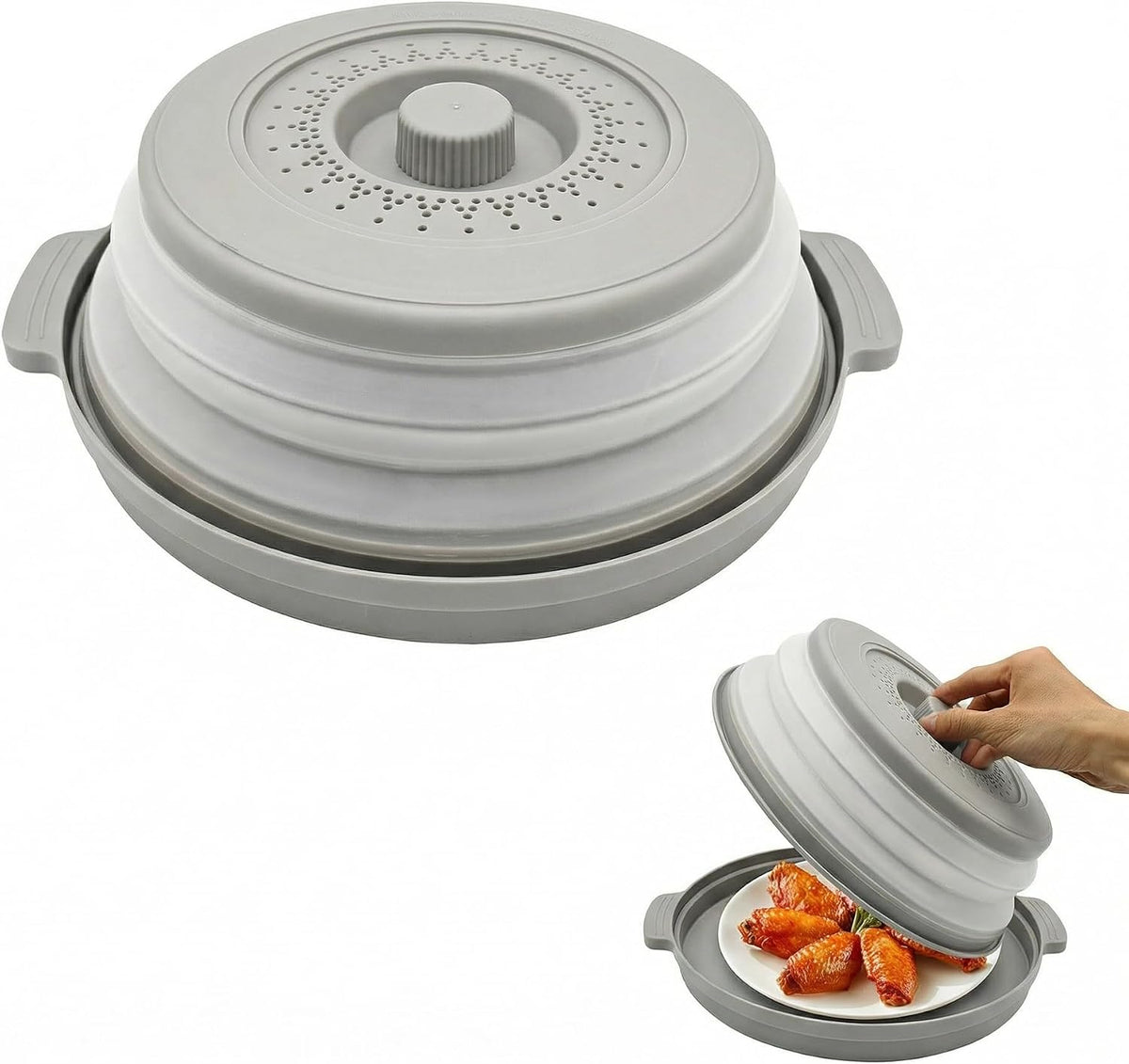Microwave Food Cover With Handle - Collapsible And Vented Silicone Splash Guard With Tray - For Microwave Food Heating-Splash Guard Can Be Used As a Draining Basket For Washing Vegetables (Gray)