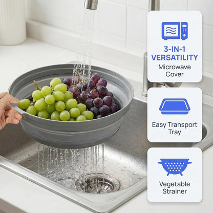 Microwave Food Cover With Handle - Collapsible And Vented Silicone Splash Guard With Tray - For Microwave Food Heating-Splash Guard Can Be Used As a Draining Basket For Washing Vegetables (Gray)