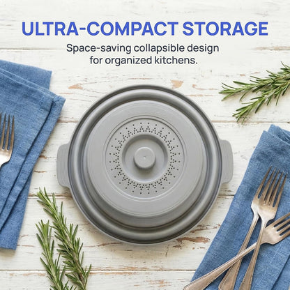 Microwave Food Cover With Handle - Collapsible And Vented Silicone Splash Guard With Tray - For Microwave Food Heating-Splash Guard Can Be Used As a Draining Basket For Washing Vegetables (Gray)