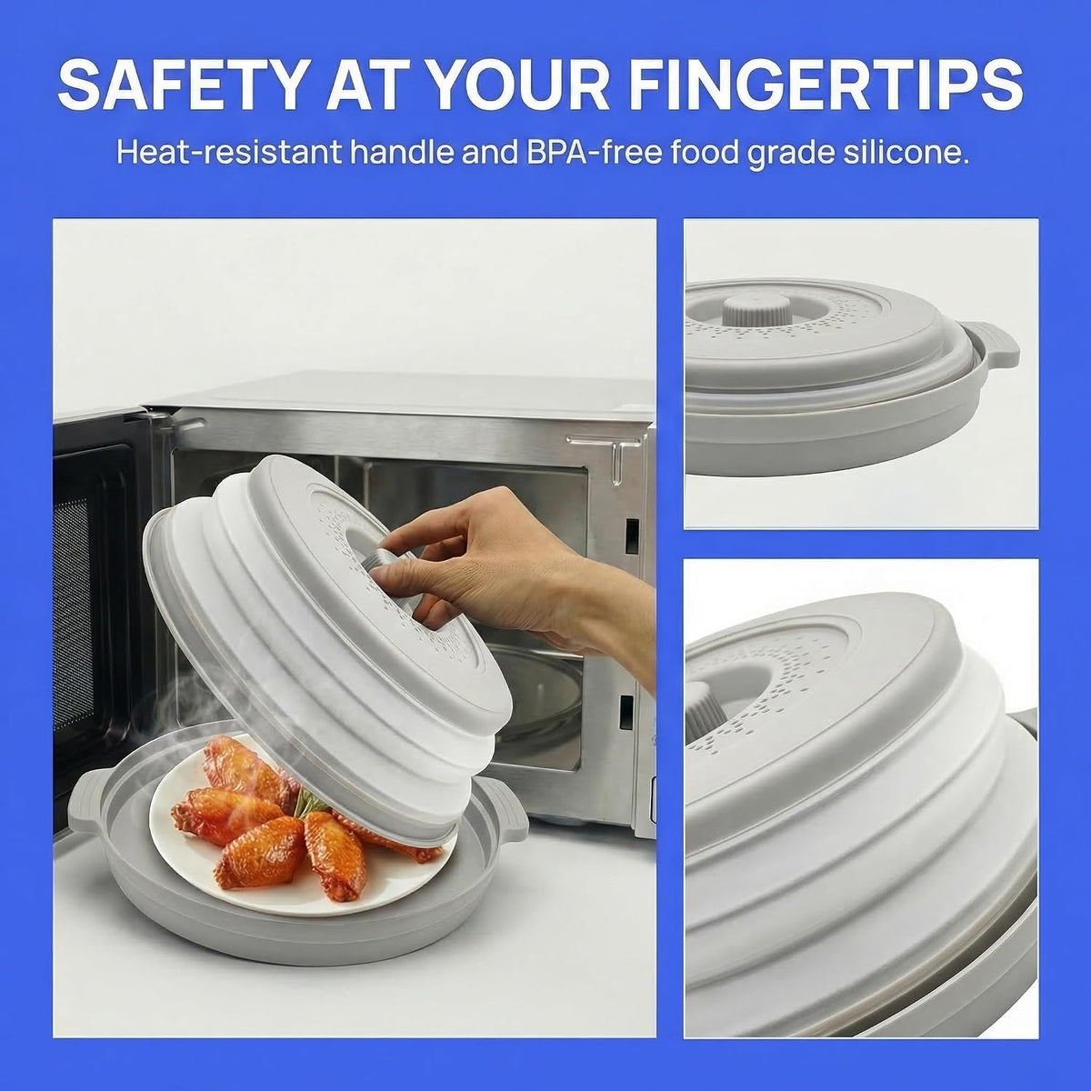 Microwave Food Cover With Handle - Collapsible And Vented Silicone Splash Guard With Tray - For Microwave Food Heating-Splash Guard Can Be Used As a Draining Basket For Washing Vegetables (Gray)