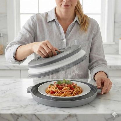 Microwave Food Cover With Handle - Collapsible And Vented Silicone Splash Guard With Tray - For Microwave Food Heating-Splash Guard Can Be Used As a Draining Basket For Washing Vegetables (Gray)