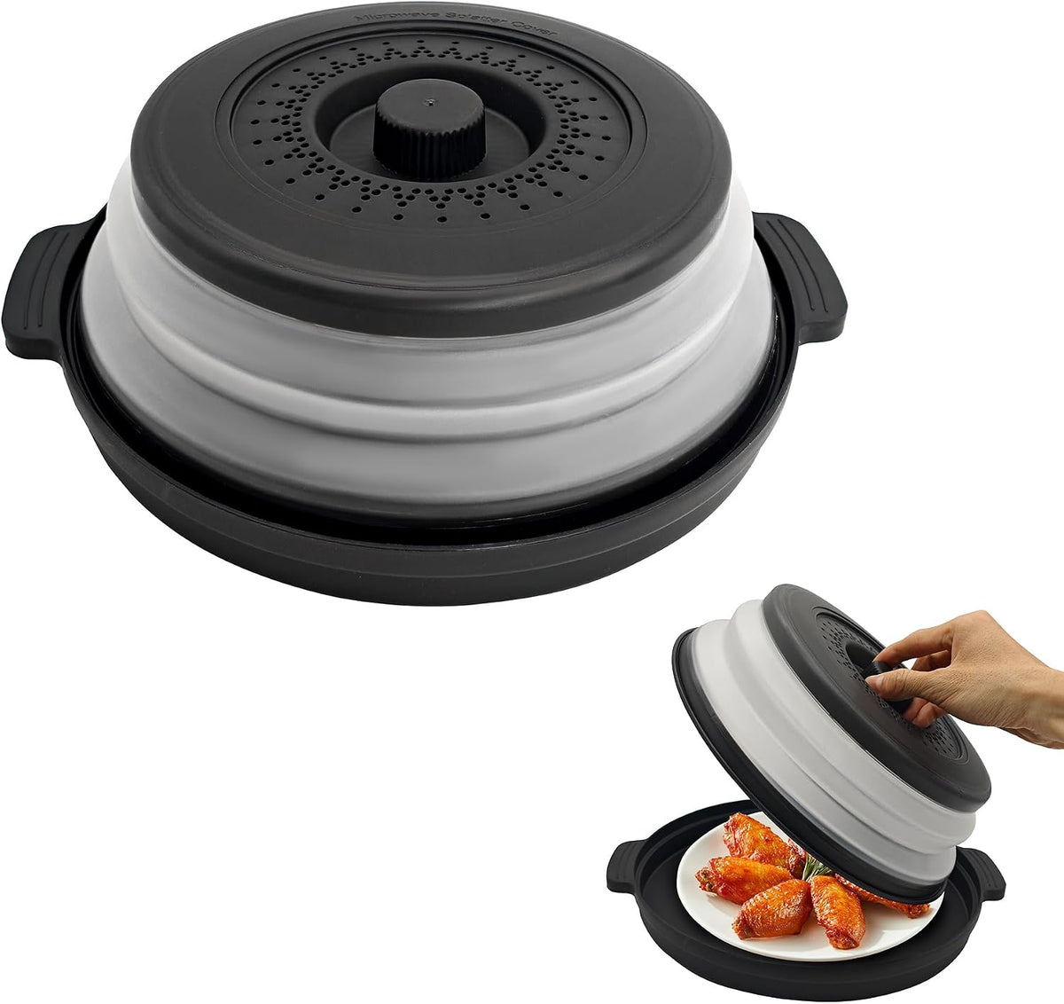 Microwave Food Cover With Handle - Collapsible And Vented Silicone Splash Guard With Tray - For Microwave Food Heating-Splash Guard Can Be Used As a Draining Basket For Washing Vegetables (Gray)