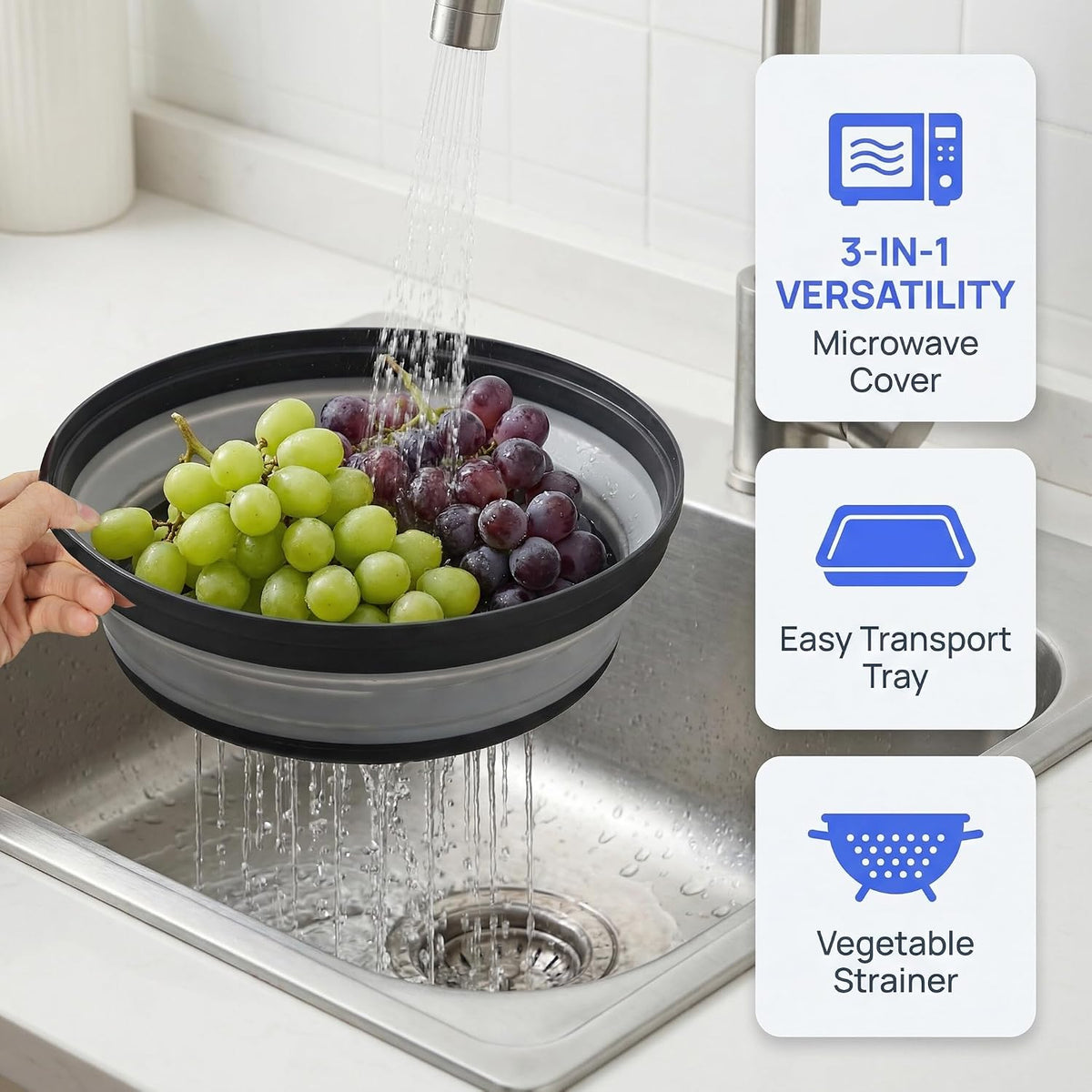 Microwave Food Cover With Handle - Collapsible And Vented Silicone Splash Guard With Tray - For Microwave Food Heating-Splash Guard Can Be Used As a Draining Basket For Washing Vegetables (Gray)