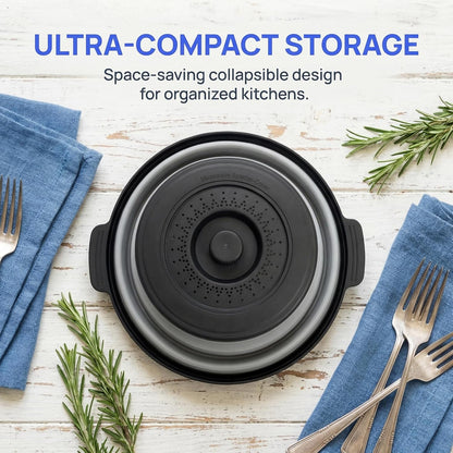 Microwave Food Cover With Handle - Collapsible And Vented Silicone Splash Guard With Tray - For Microwave Food Heating-Splash Guard Can Be Used As a Draining Basket For Washing Vegetables (Gray)