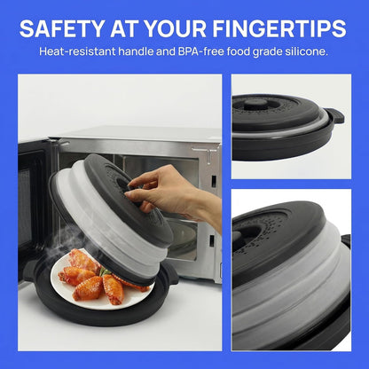 Microwave Food Cover With Handle - Collapsible And Vented Silicone Splash Guard With Tray - For Microwave Food Heating-Splash Guard Can Be Used As a Draining Basket For Washing Vegetables (Gray)