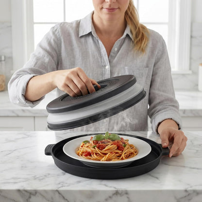 Microwave Food Cover With Handle - Collapsible And Vented Silicone Splash Guard With Tray - For Microwave Food Heating-Splash Guard Can Be Used As a Draining Basket For Washing Vegetables (Gray)