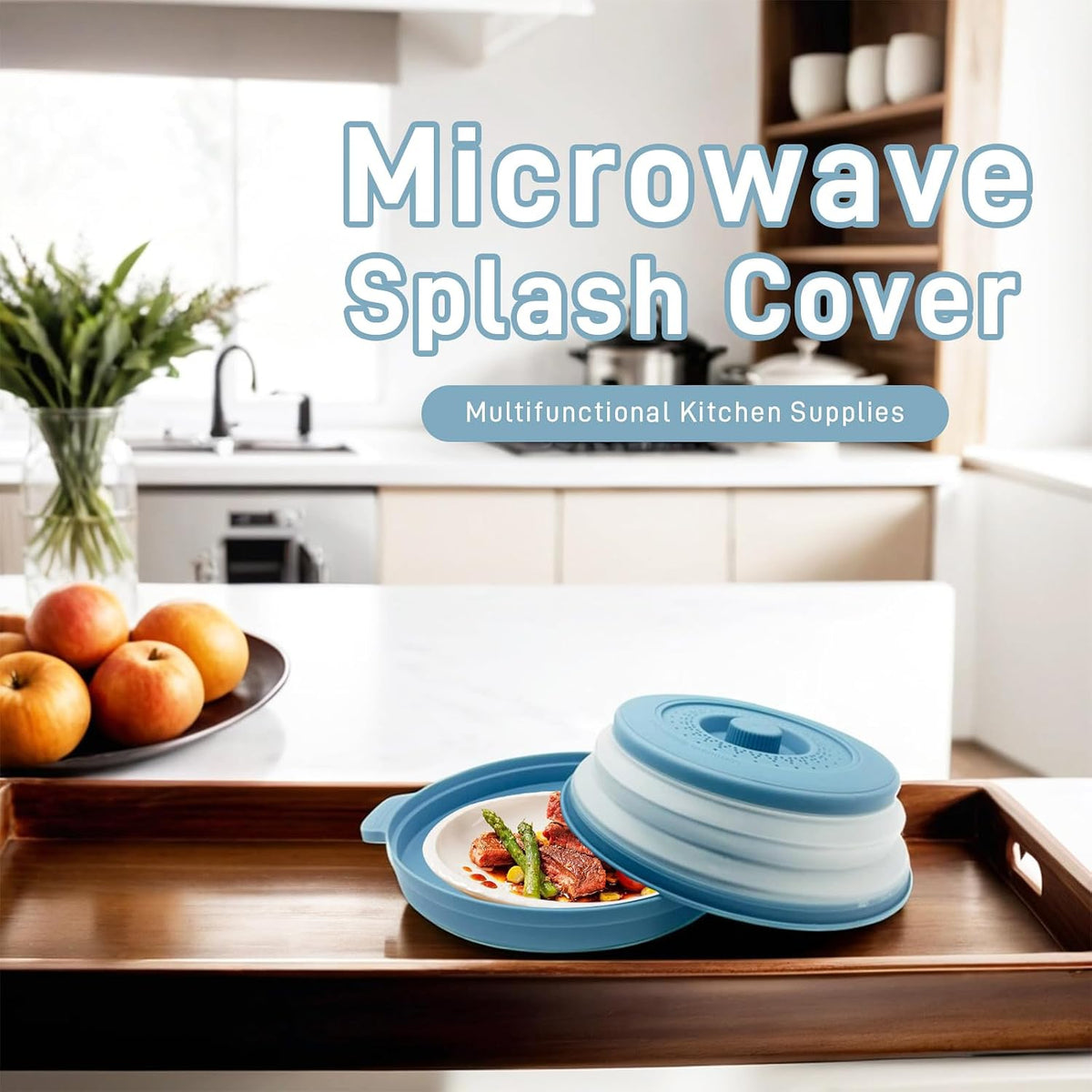 Microwave Food Cover With Handle - Collapsible And Vented Silicone Splash Guard With Tray - For Microwave Food Heating-Splash Guard Can Be Used As a Draining Basket For Washing Vegetables (Gray)