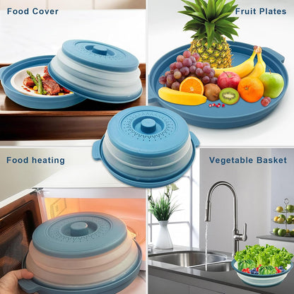 Microwave Food Cover With Handle - Collapsible And Vented Silicone Splash Guard With Tray - For Microwave Food Heating-Splash Guard Can Be Used As a Draining Basket For Washing Vegetables (Gray)