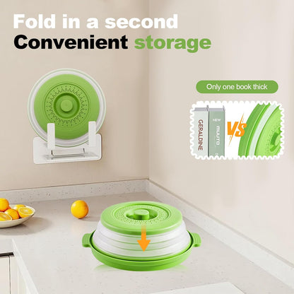 Microwave Food Cover With Handle - Collapsible And Vented Silicone Splash Guard With Tray - For Microwave Food Heating-Splash Guard Can Be Used As a Draining Basket For Washing Vegetables (Gray)