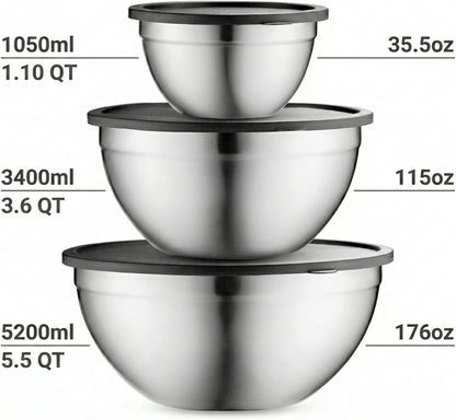 Mixing Bowls with Airtight Lids, Stainless Steel Nesting Bowl Set for Space Saving Storage, Ideal for Cooking, Baking, Prepping & Food Storage
