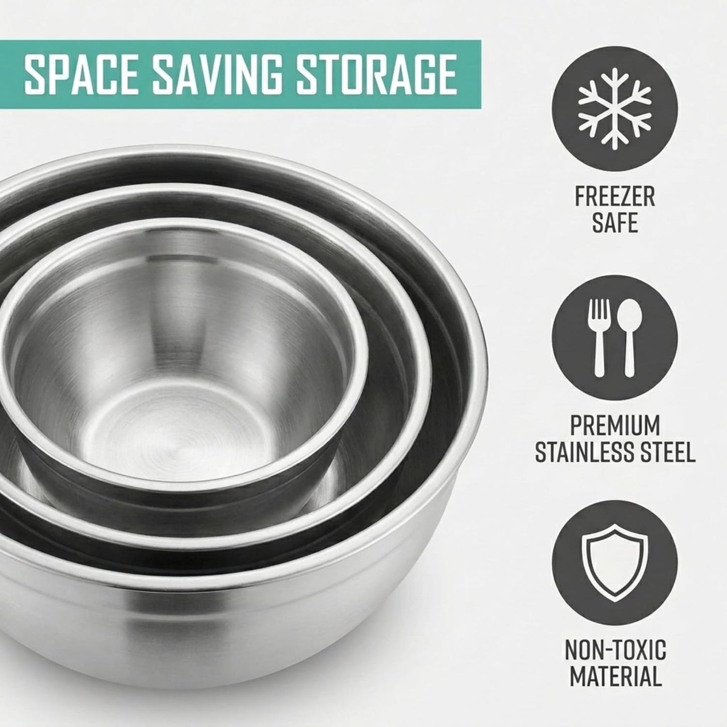 Mixing Bowls with Airtight Lids, Stainless Steel Nesting Bowl Set for Space Saving Storage, Ideal for Cooking, Baking, Prepping & Food Storage