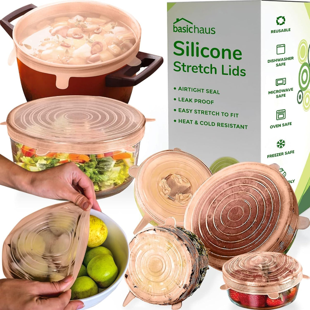 Reusable Silicone Stretch Lids for Food Storage in Fridge - Elastic Heat-Resistant Bowl Covers, Cups, Cans, Jars - Universal Food Grade Lid for Round and Rectangle Containers - Dishwasher Safe -7 Pack