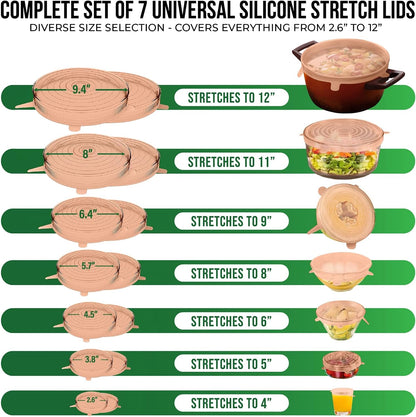 Reusable Silicone Stretch Lids for Food Storage in Fridge - Elastic Heat-Resistant Bowl Covers, Cups, Cans, Jars - Universal Food Grade Lid for Round and Rectangle Containers - Dishwasher Safe -7 Pack