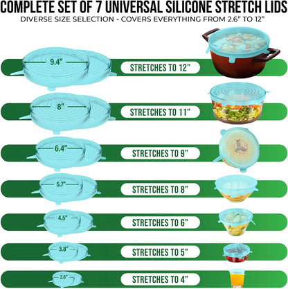 Reusable Silicone Stretch Lids for Food Storage in Fridge - Elastic Heat-Resistant Bowl Covers, Cups, Cans, Jars - Universal Food Grade Lid for Round and Rectangle Containers - Dishwasher Safe -7 Pack