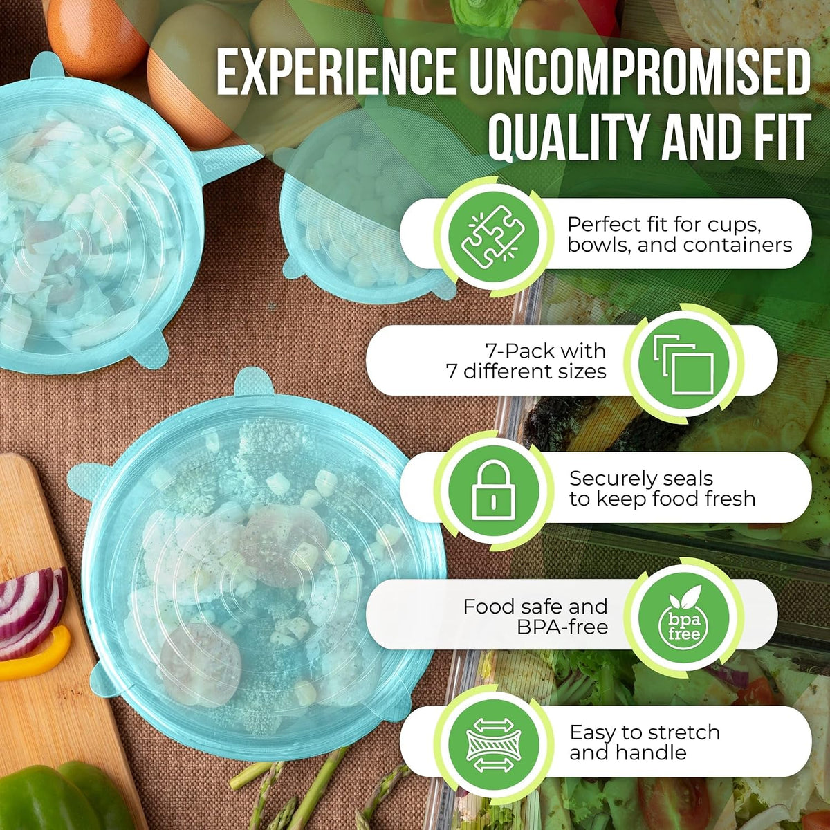 Reusable Silicone Stretch Lids for Food Storage in Fridge - Elastic Heat-Resistant Bowl Covers, Cups, Cans, Jars - Universal Food Grade Lid for Round and Rectangle Containers - Dishwasher Safe -7 Pack