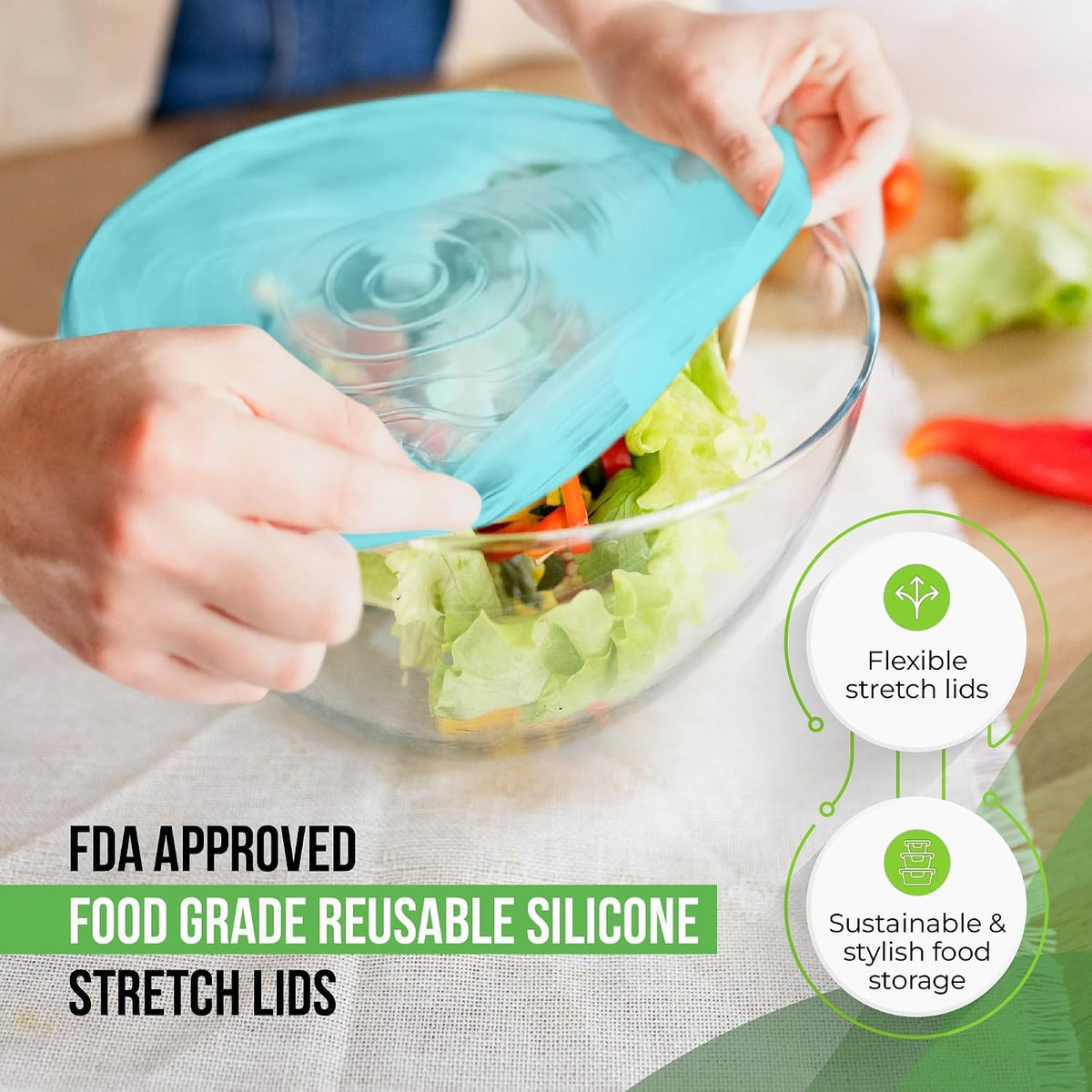 Reusable Silicone Stretch Lids for Food Storage in Fridge - Elastic Heat-Resistant Bowl Covers, Cups, Cans, Jars - Universal Food Grade Lid for Round and Rectangle Containers - Dishwasher Safe -7 Pack