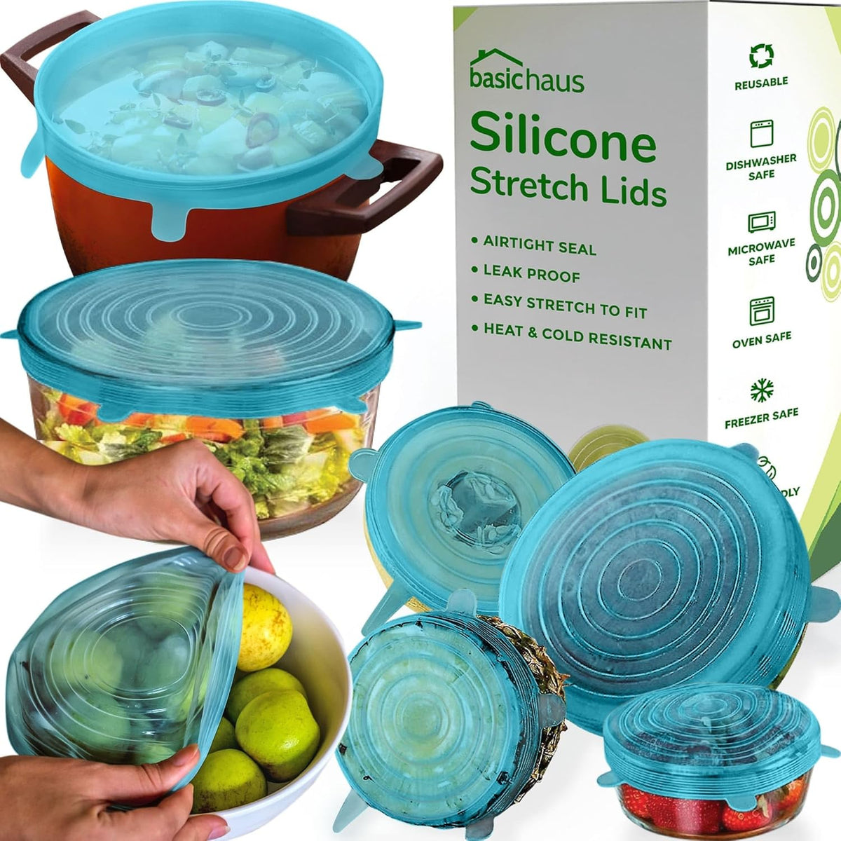Reusable Silicone Stretch Lids for Food Storage in Fridge - Elastic Heat-Resistant Bowl Covers, Cups, Cans, Jars - Universal Food Grade Lid for Round and Rectangle Containers - Dishwasher Safe -7 Pack