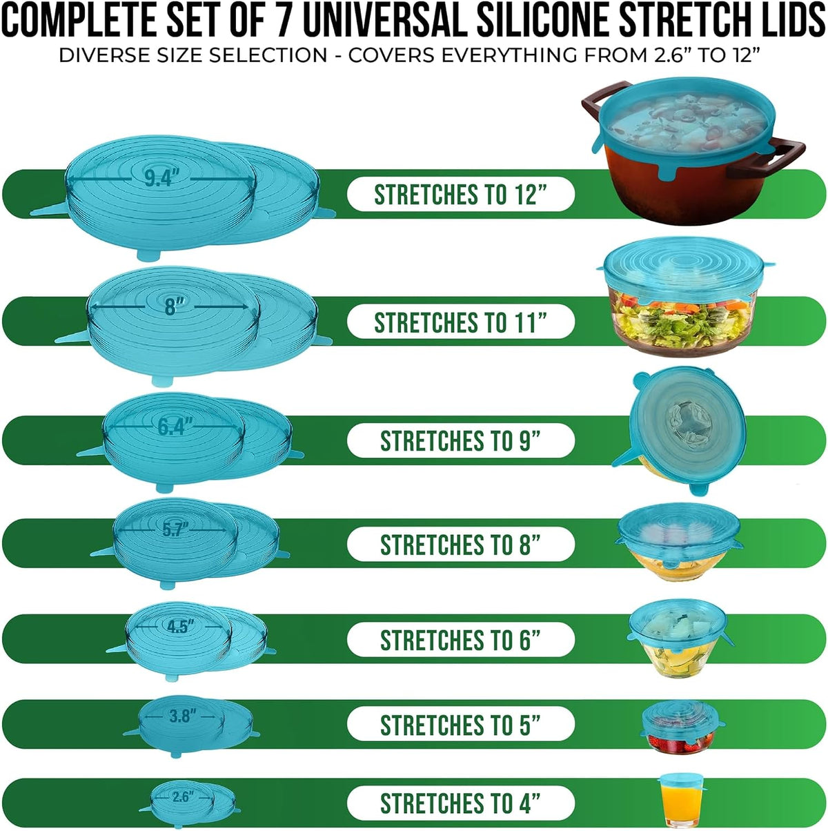 Reusable Silicone Stretch Lids for Food Storage in Fridge - Elastic Heat-Resistant Bowl Covers, Cups, Cans, Jars - Universal Food Grade Lid for Round and Rectangle Containers - Dishwasher Safe -7 Pack