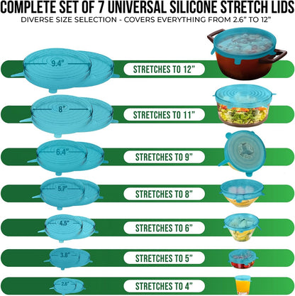 Reusable Silicone Stretch Lids for Food Storage in Fridge - Elastic Heat-Resistant Bowl Covers, Cups, Cans, Jars - Universal Food Grade Lid for Round and Rectangle Containers - Dishwasher Safe -7 Pack